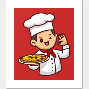 Cute Chef With Pizza Cartoon Vector Icon Illustration Posters and Art